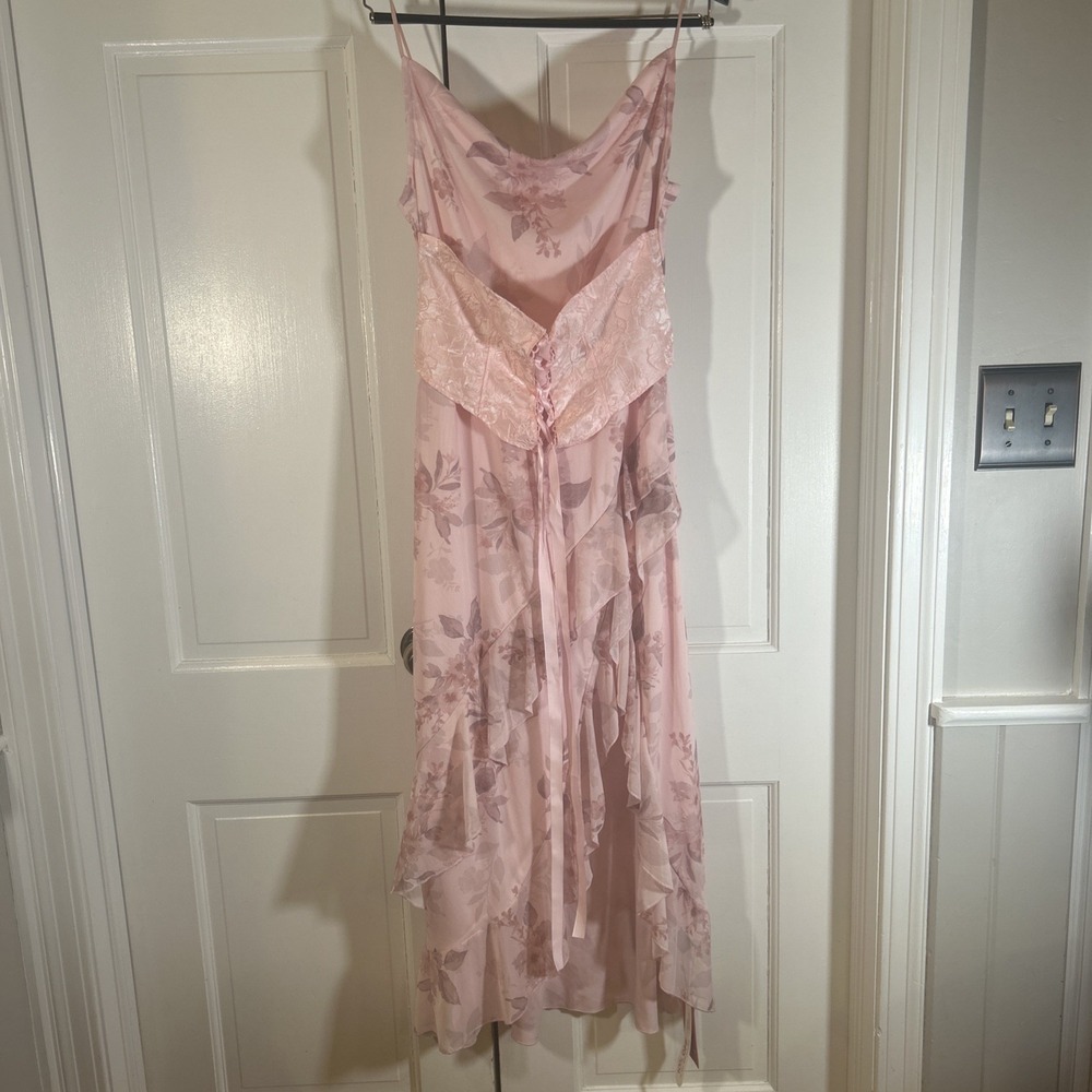 NWT Spaghetti Strap Pink Floral Corset Style Lace-Up Front Ruffles Sz Large